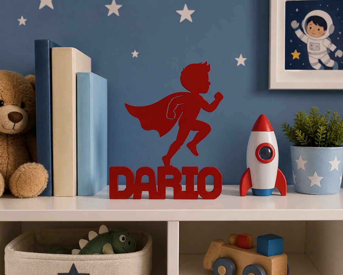 Detalle de acabado en nombre 3D personalizado modelo superheroe para decoración infantil