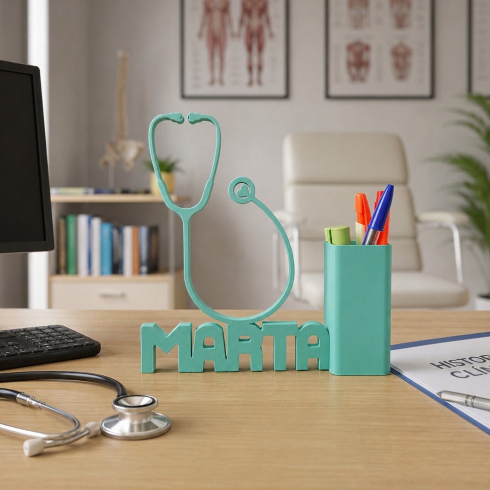 Organizador de bolígrafos personalizado en color azul mate con nombre de médico impreso en 3D sobre un escritorio de clínica minimalista.